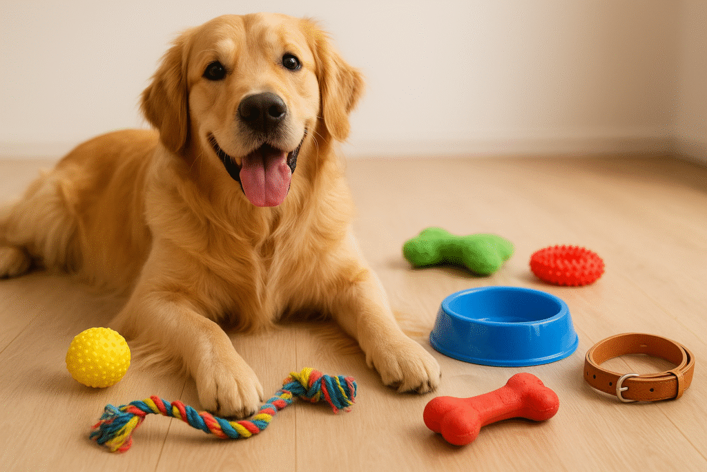 perro feliz con juguetes